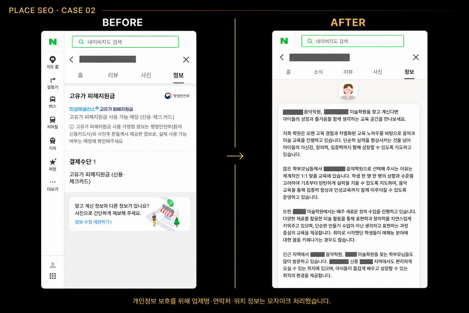업체명과 지역 정보를 모자이크한 플레이스 상세 정보 개선 전후 비교 화면
